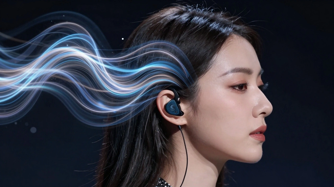Close-up of a singer with in-ear monitors surrounded by abstract blue sonic waves