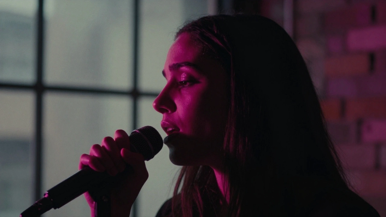 Close-up of a singer with neon pink highlights against a blurred industrial background.