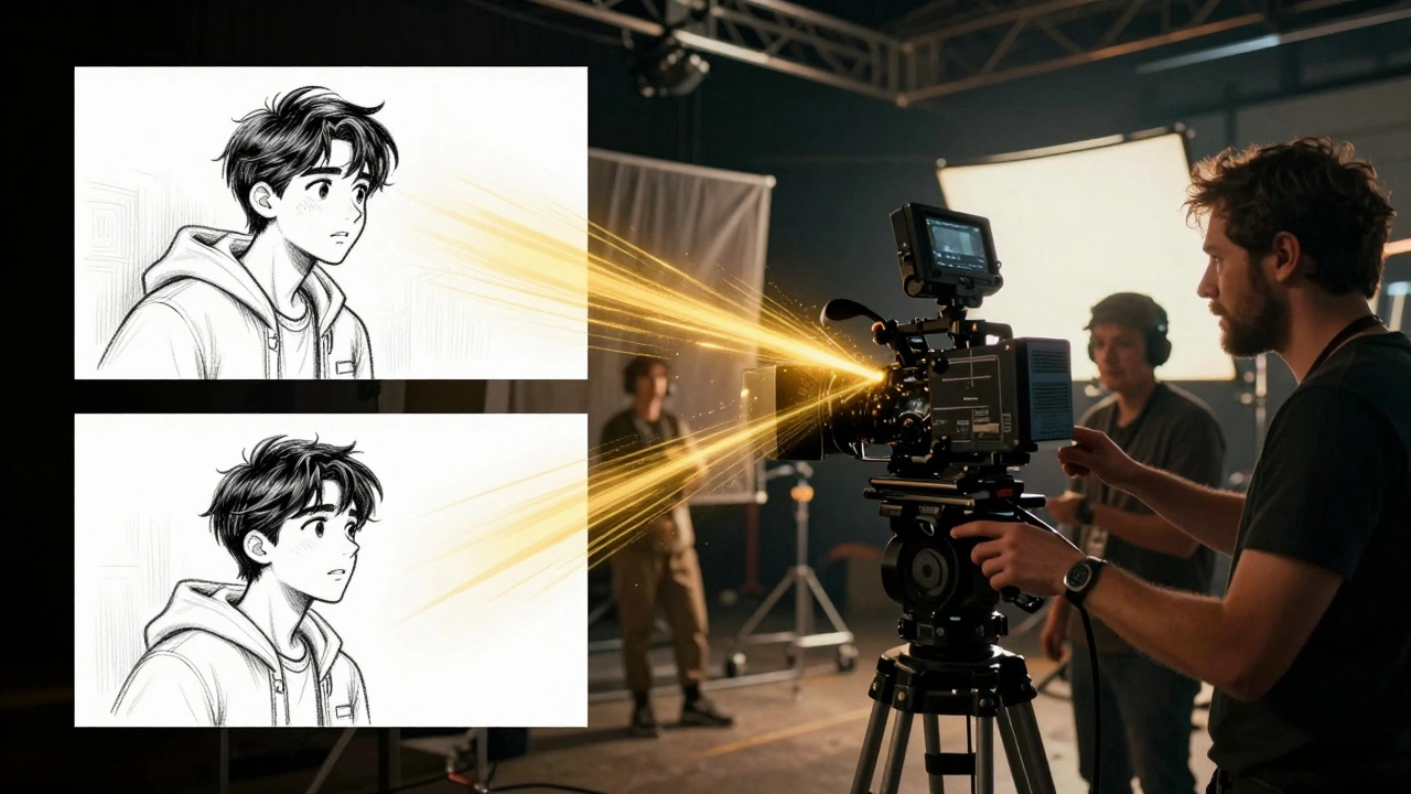 Comparison between a storyboard drawing and its real-world execution on a film set