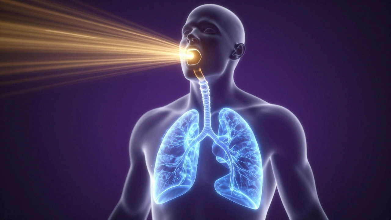 Conceptual 3D diagram showing glowing airflow moving from the diaphragm to the face of a singer.