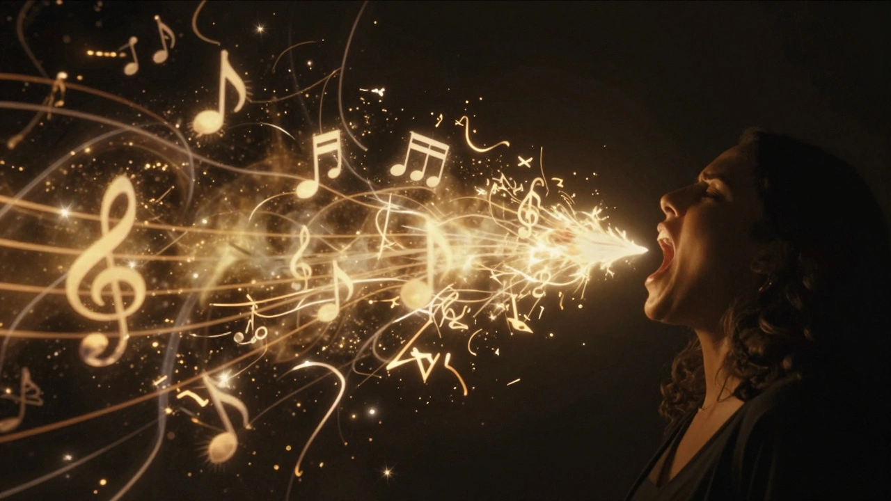 Conceptual art of a singer's voice transforming into golden ribbons and electric bolts of energy.