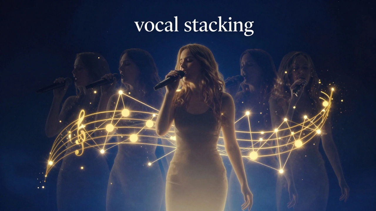 Conceptual art of a singer with overlapping translucent echoes representing vocal stacking.