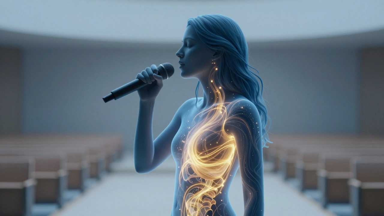 Conceptual art showing a singer's calm exterior and glowing internal energy of flow.