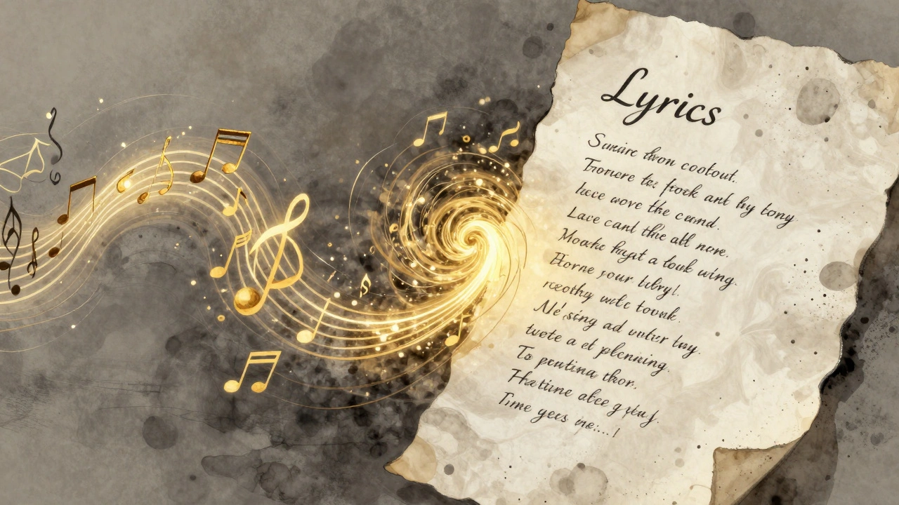 Conceptual art showing musical notes and handwritten lyrics merging into a colorful swirl.