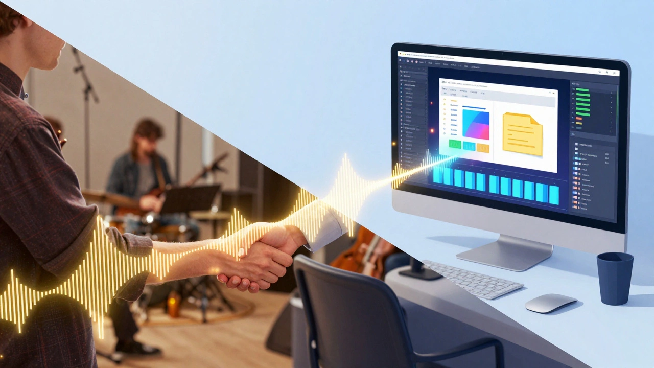 Conceptual illustration showing the transition from a backstage meeting to a digital music collaboration