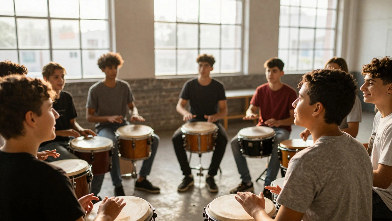 Diverse group of teenagers confidently playing drums in a sunlit urban music workshop.