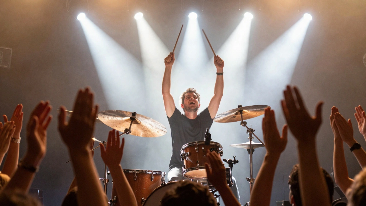 Drummer hitting a crash cymbal during a high-energy concert finale with cheering fans.