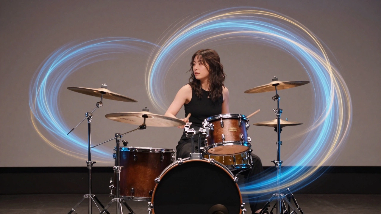 Drummer performing in a state of flow with ethereal ribbons of light.