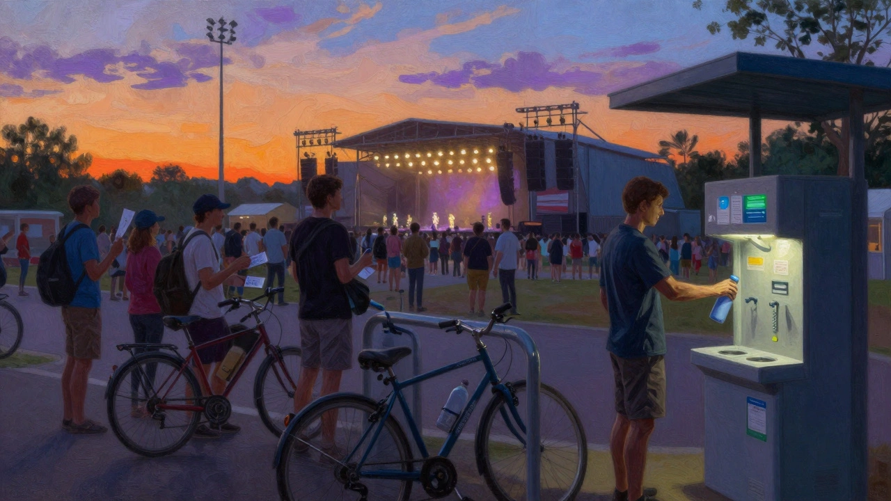 Fans with bicycles and water bottles gathering outside a concert venue at dusk