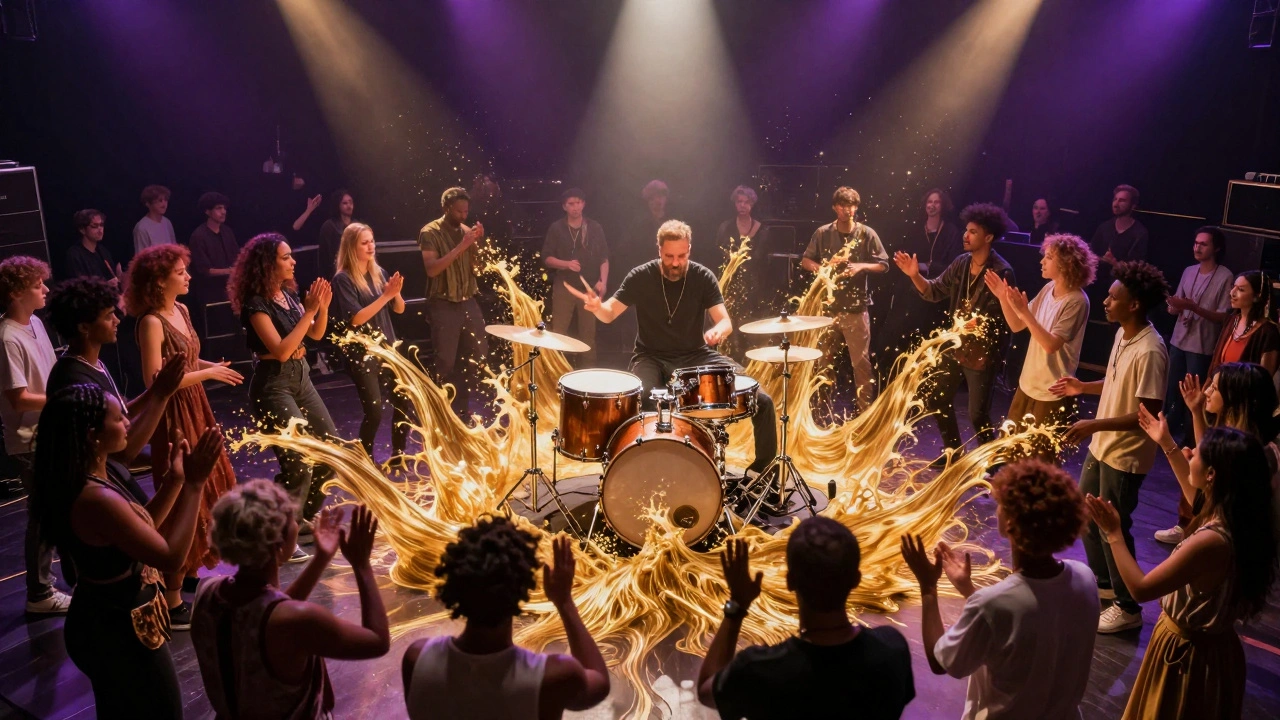 Golden waves of rhythm connecting a drummer to a diverse global audience.