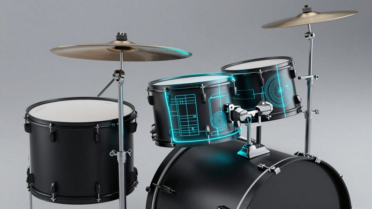 Holographic blueprint showing ergonomic modifications to a professional drum kit.