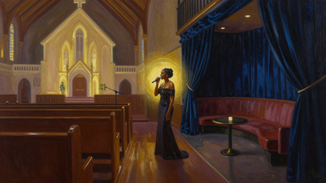 Impressionist painting of a singer bridging a traditional church and a modern jazz lounge.