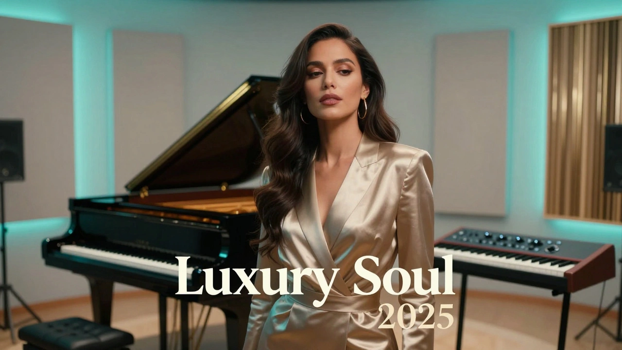 Intimate portrait of a modern jazz artist in a high-end, minimalist studio with neon accents.