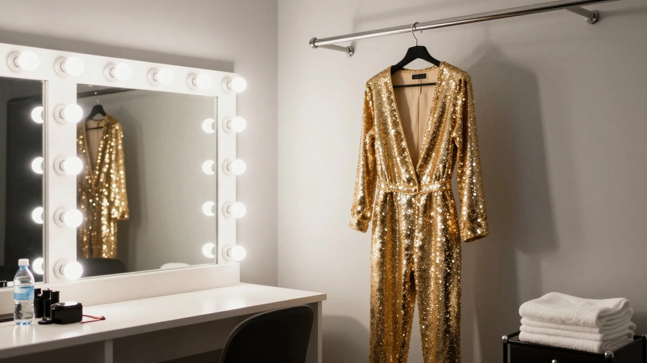 Luxury backstage dressing room with a sequined jumpsuit on a garment rack.