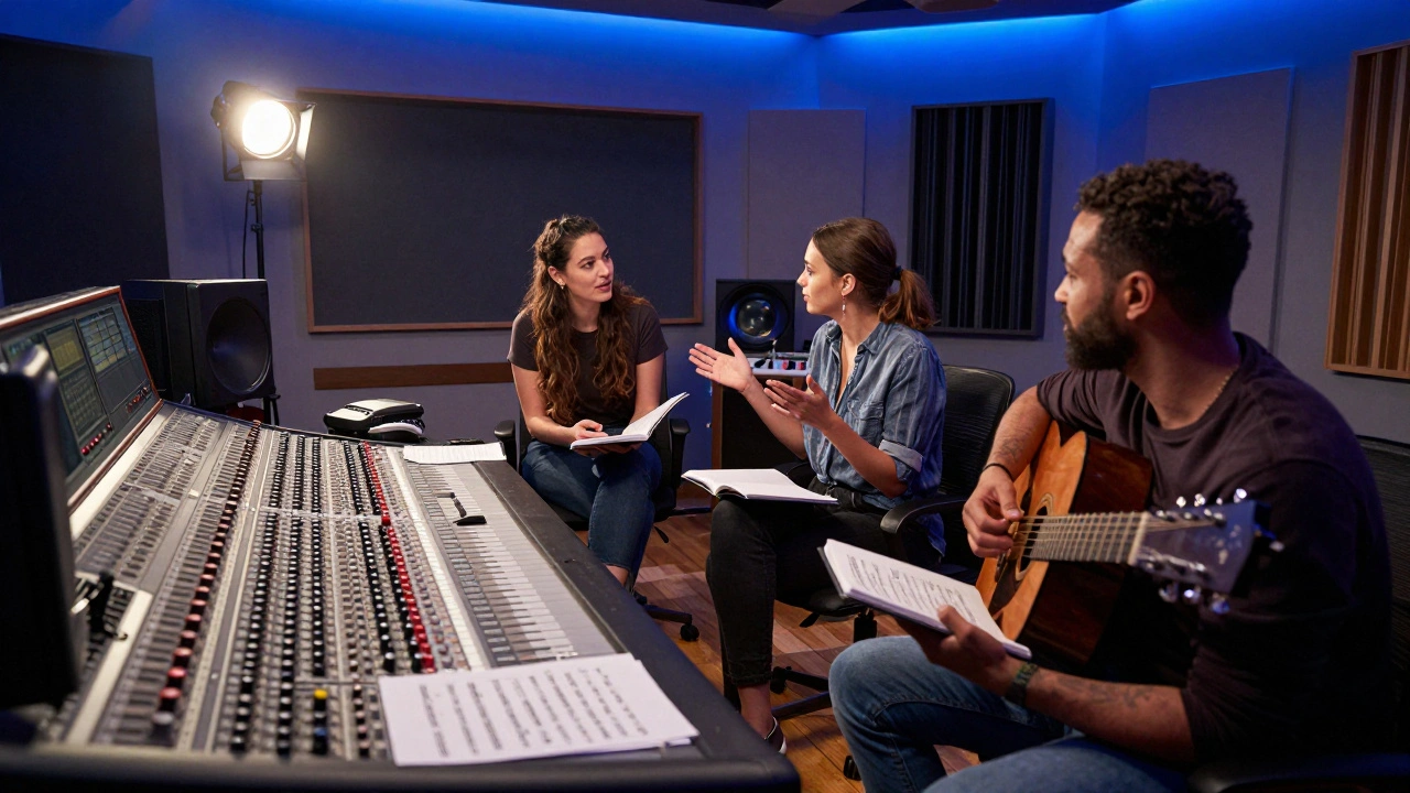 Musicians and a producer collaborating in a professional studio with instruments and notes.