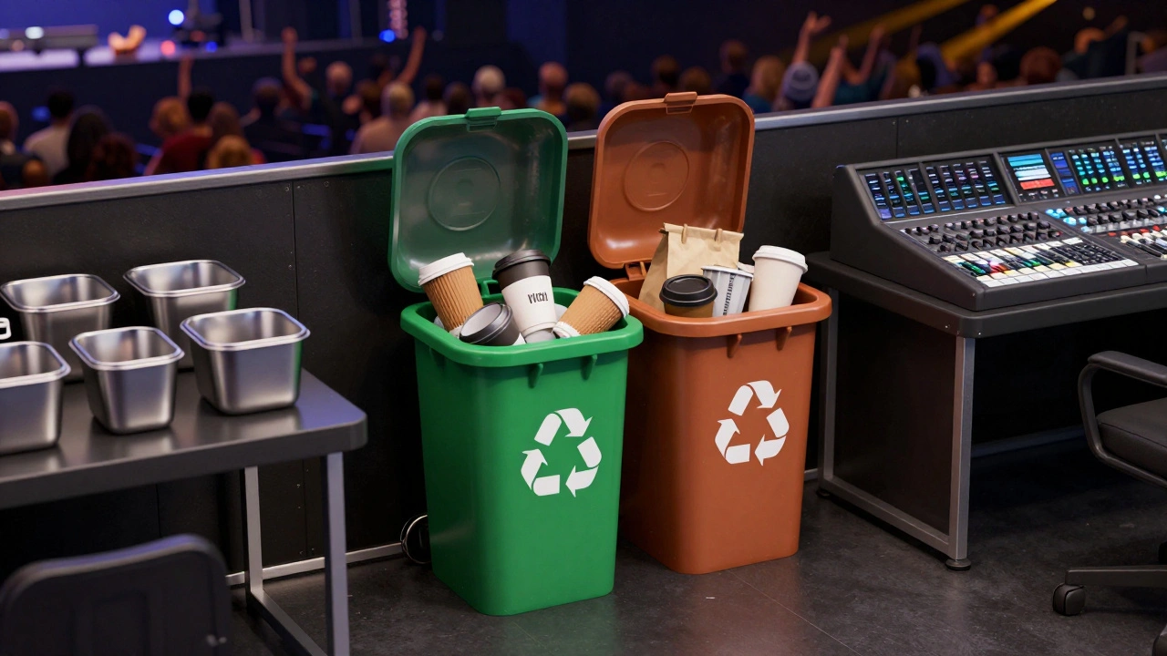 Organized recycling and compost bins in a backstage music venue area