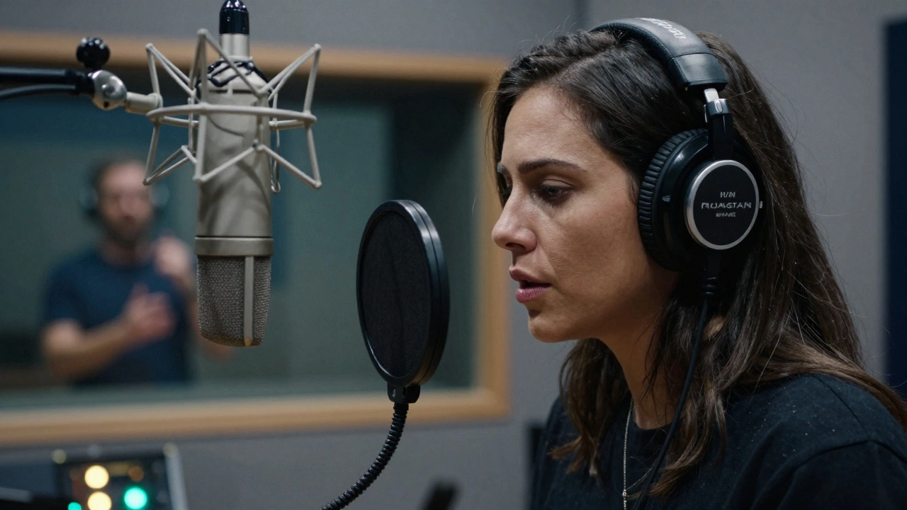 Professional backup singer recording in a studio with a producer visible in the control room