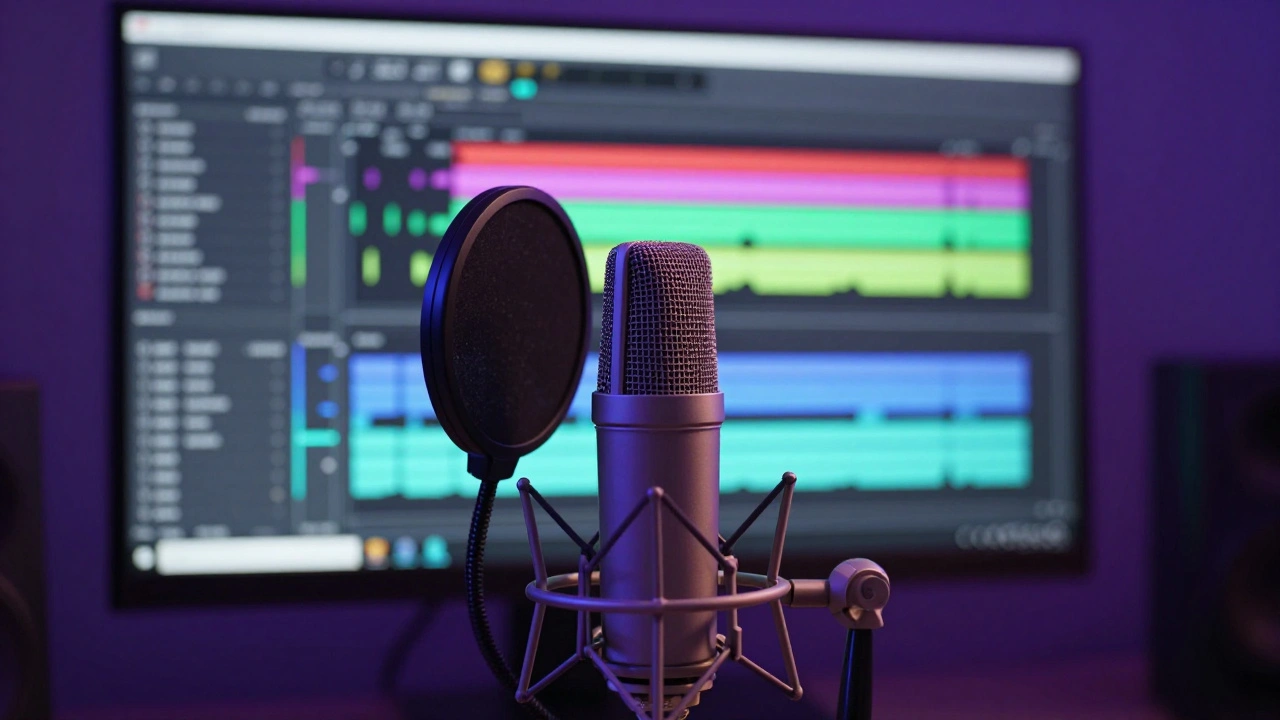 Professional studio microphone with a DAW screen showing layered vocal waveforms in the background.