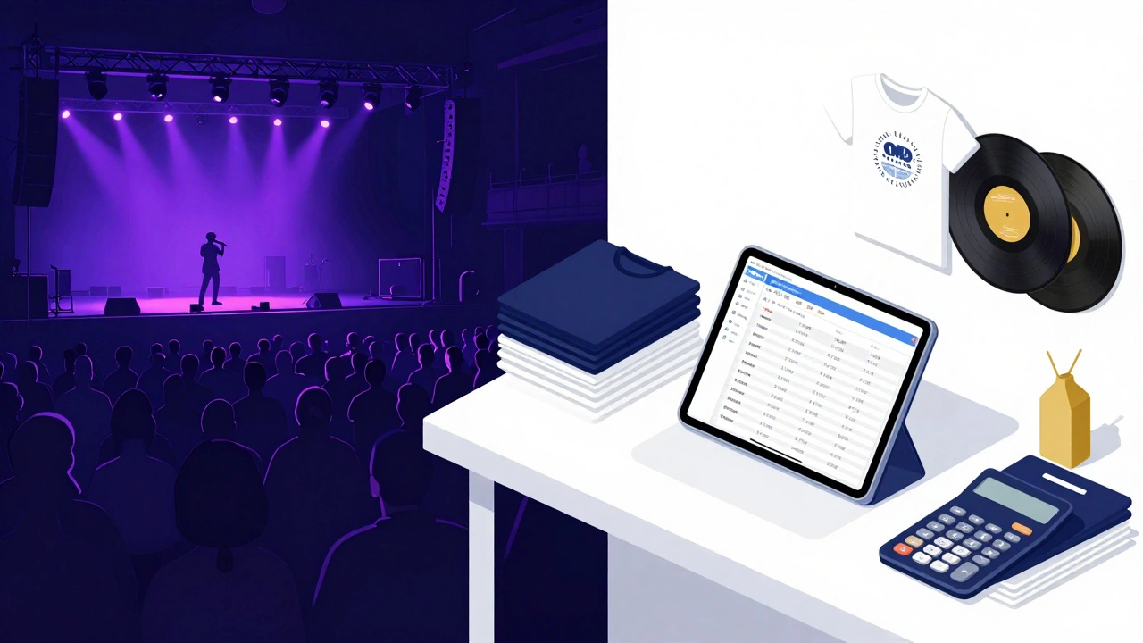 Split view of a live concert stage and a financial planning workspace with merch
