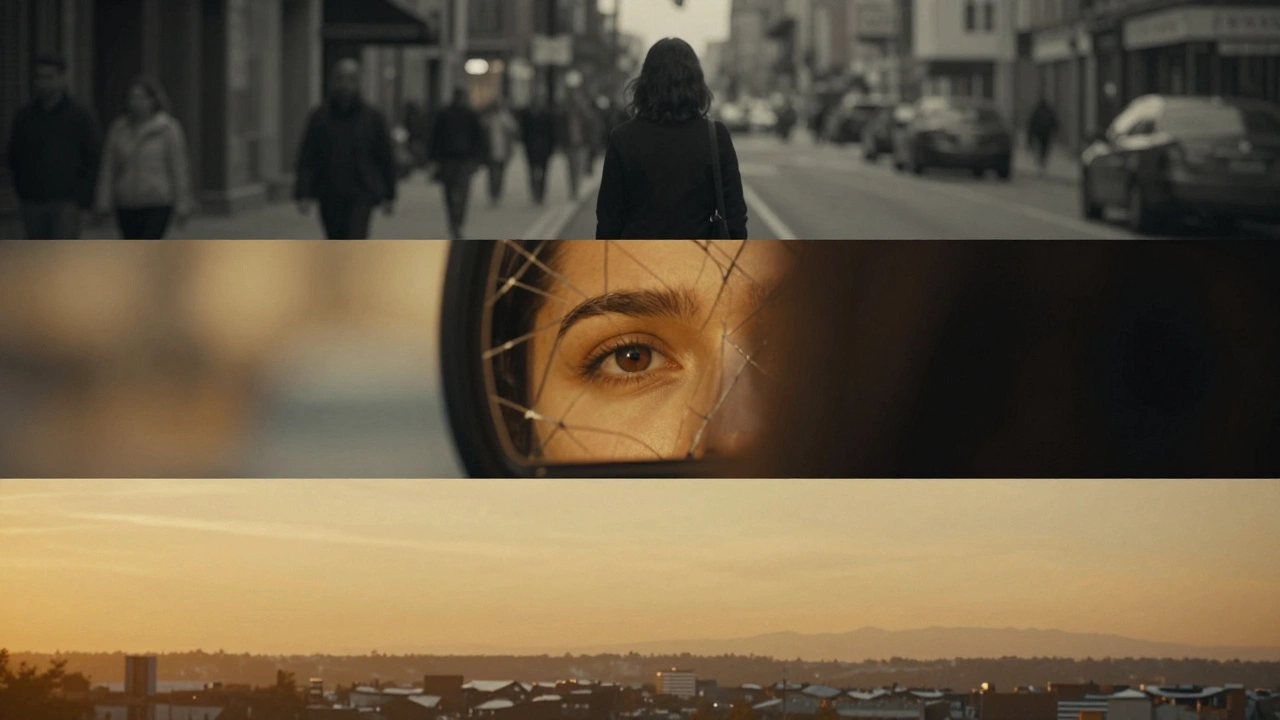 Three cinematic frames showing a color transition from muted tones to warm gold.