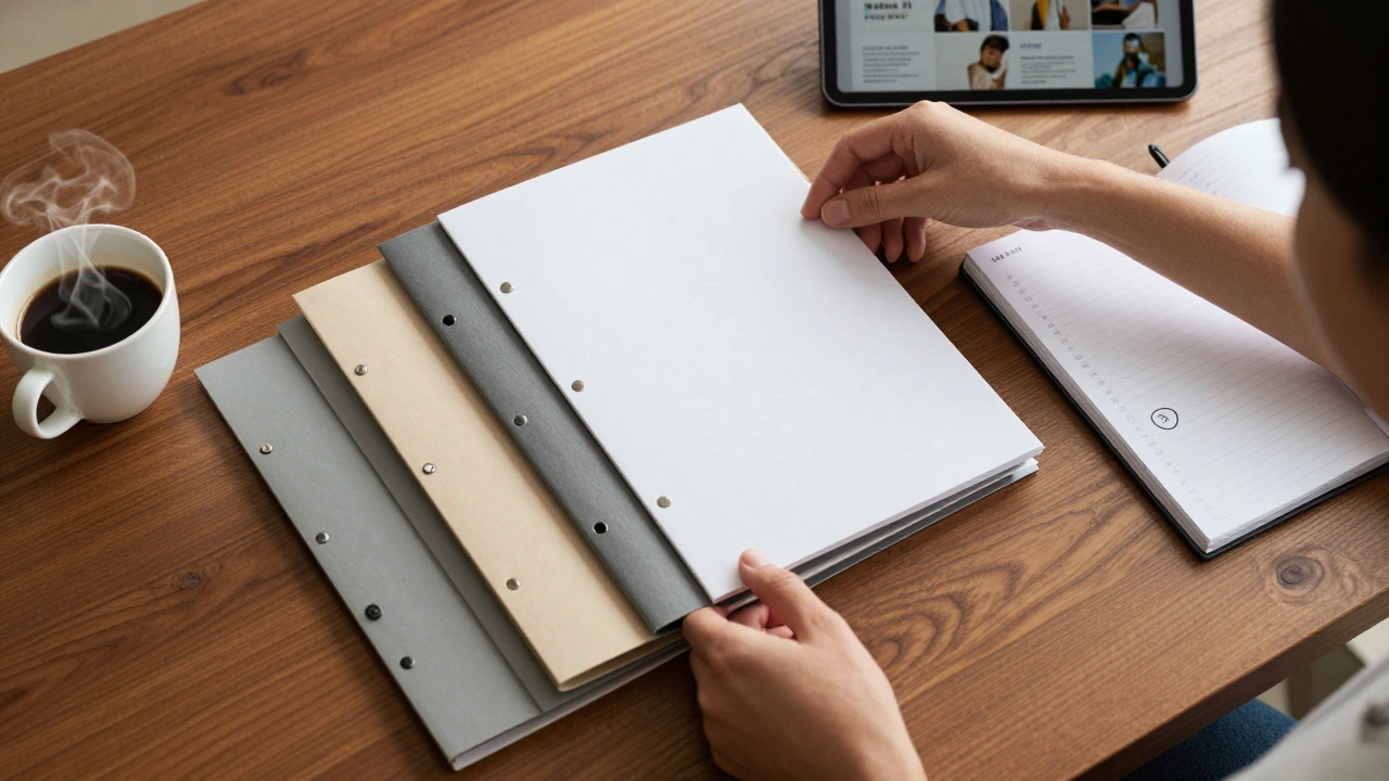 Top-down view of an artist's organized desk with portfolio materials and a scheduled appointment.