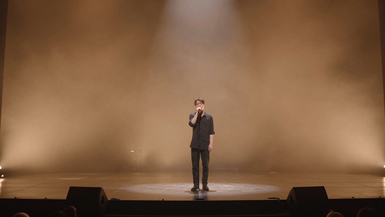 Wide shot of a singer commanding a stage through a powerful, still presence.