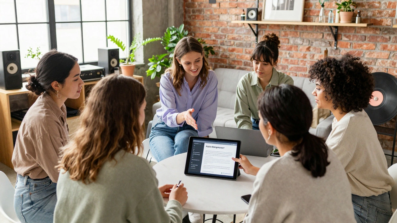 Young women collaborating in an industrial loft studying music business analytics.