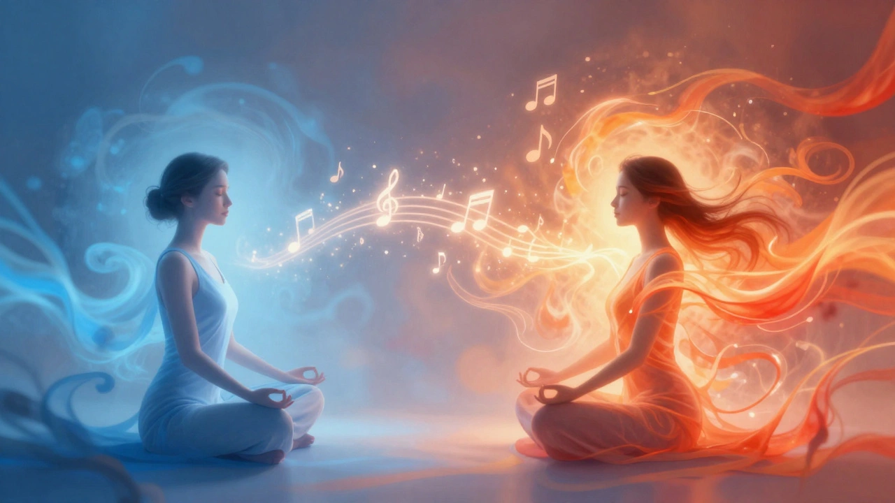 Abstract art showing performer transitioning from calm meditation to energetic stage presence.
