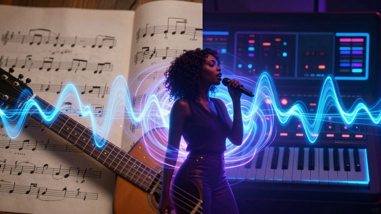 Abstract art showing soul music transforming into electronic R&amp;B sound waves.