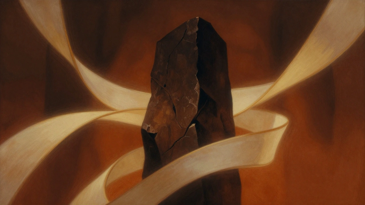 Abstract art showing warm light ribbons supporting a dark stone pillar