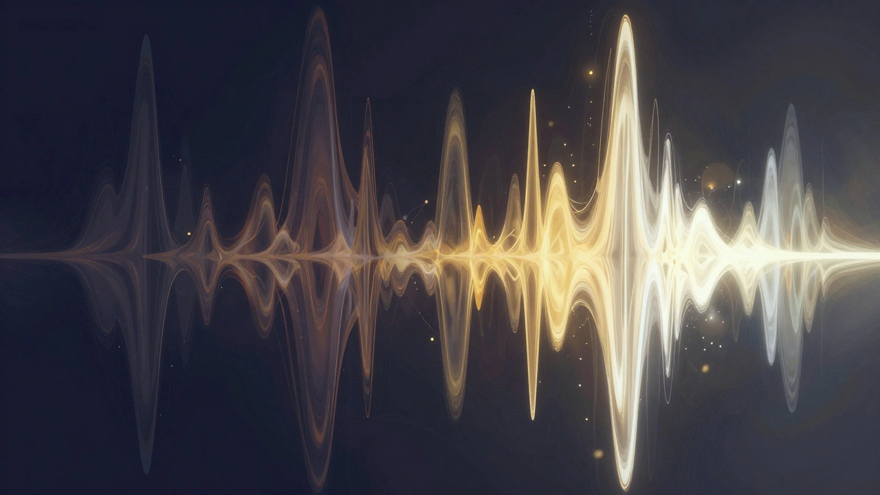 Abstract colorful ribbons visualizing vocal tone shifts from dark to bright.