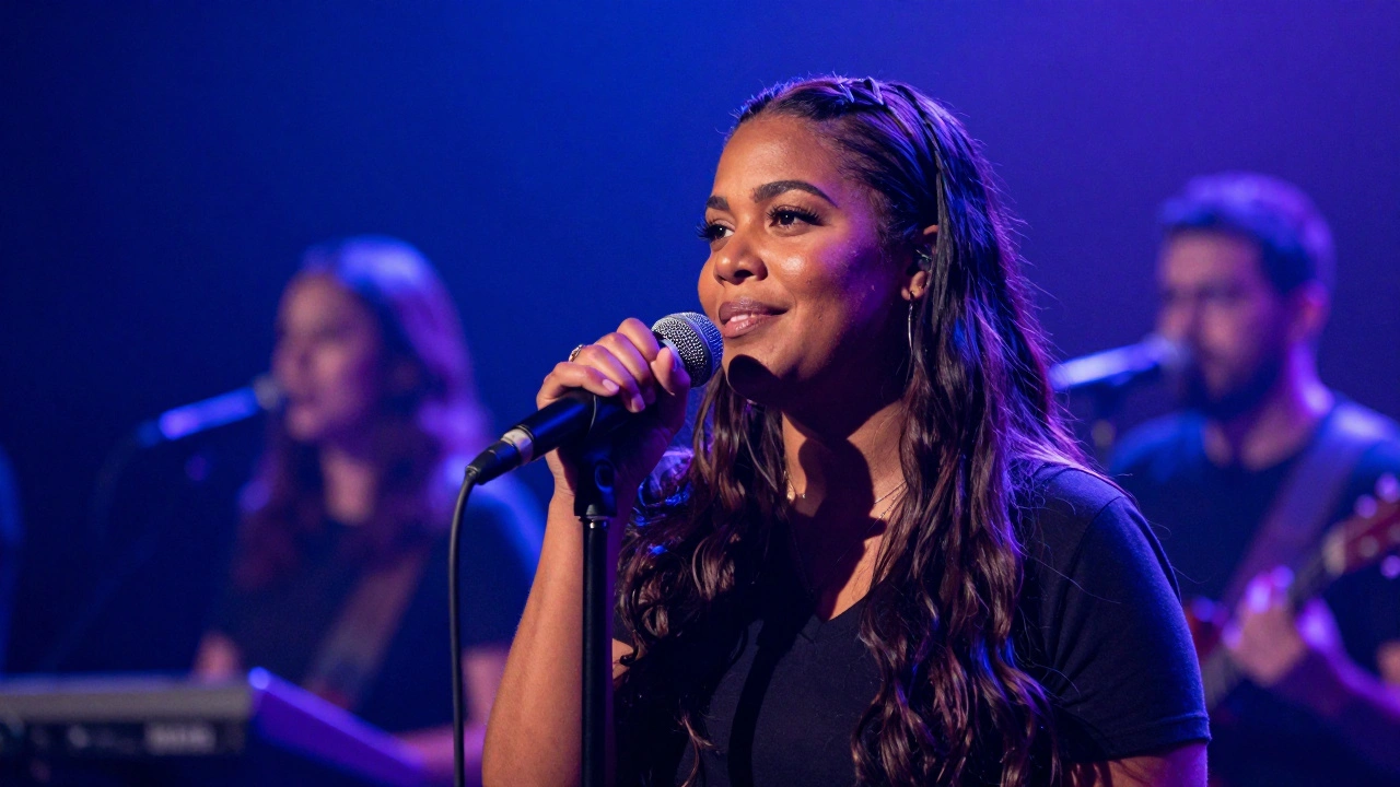 Alli Starr singing confidently on stage with blurred band in background