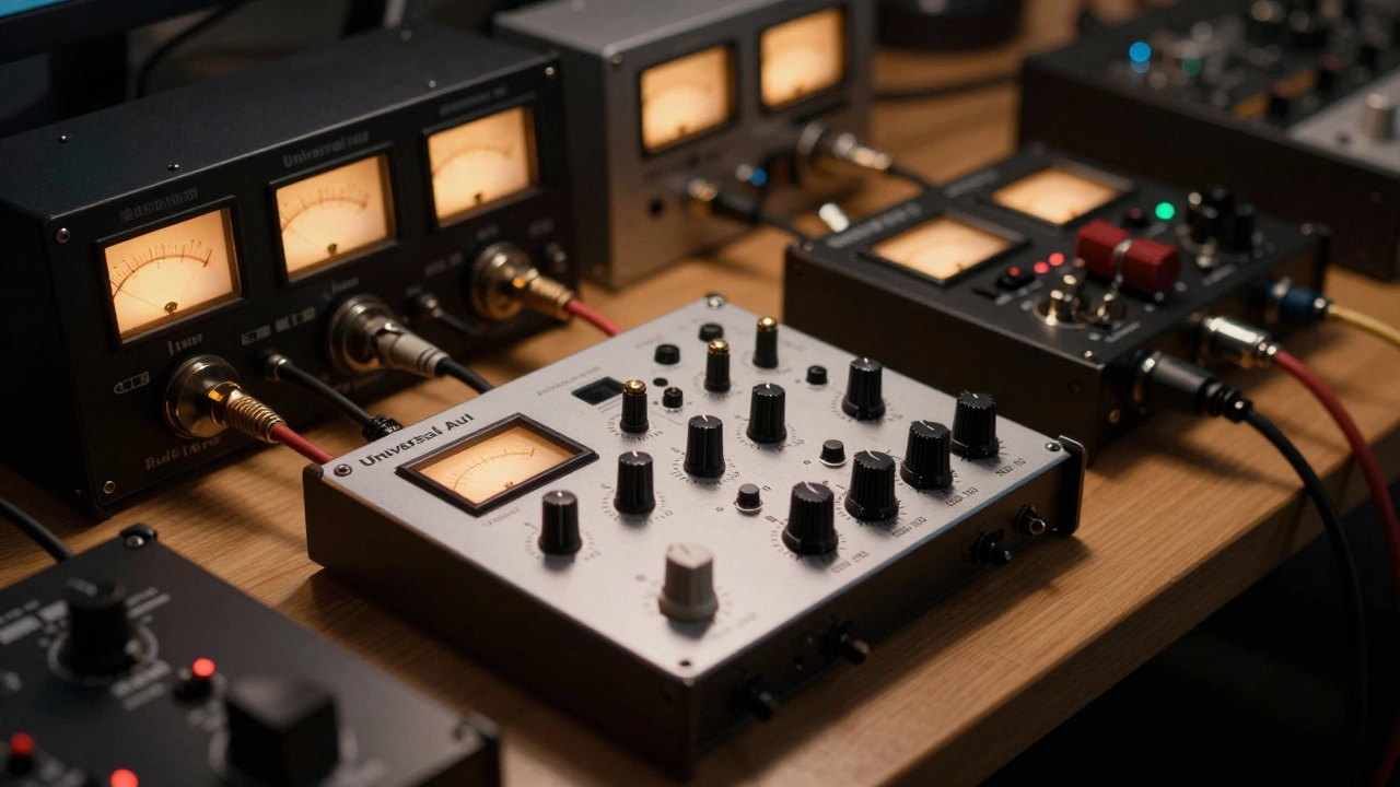 Analog audio gear and interface on a wooden desk