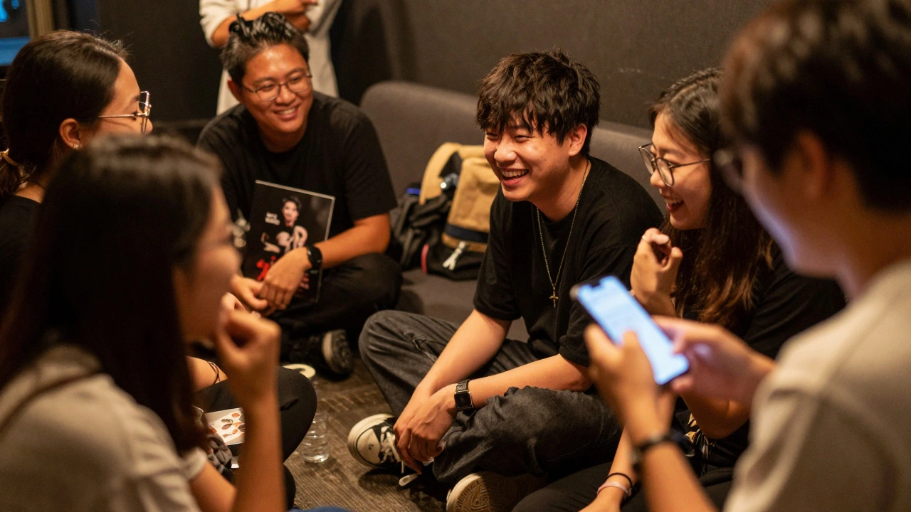 Artist chatting warmly with fans after concert, fostering community connection.