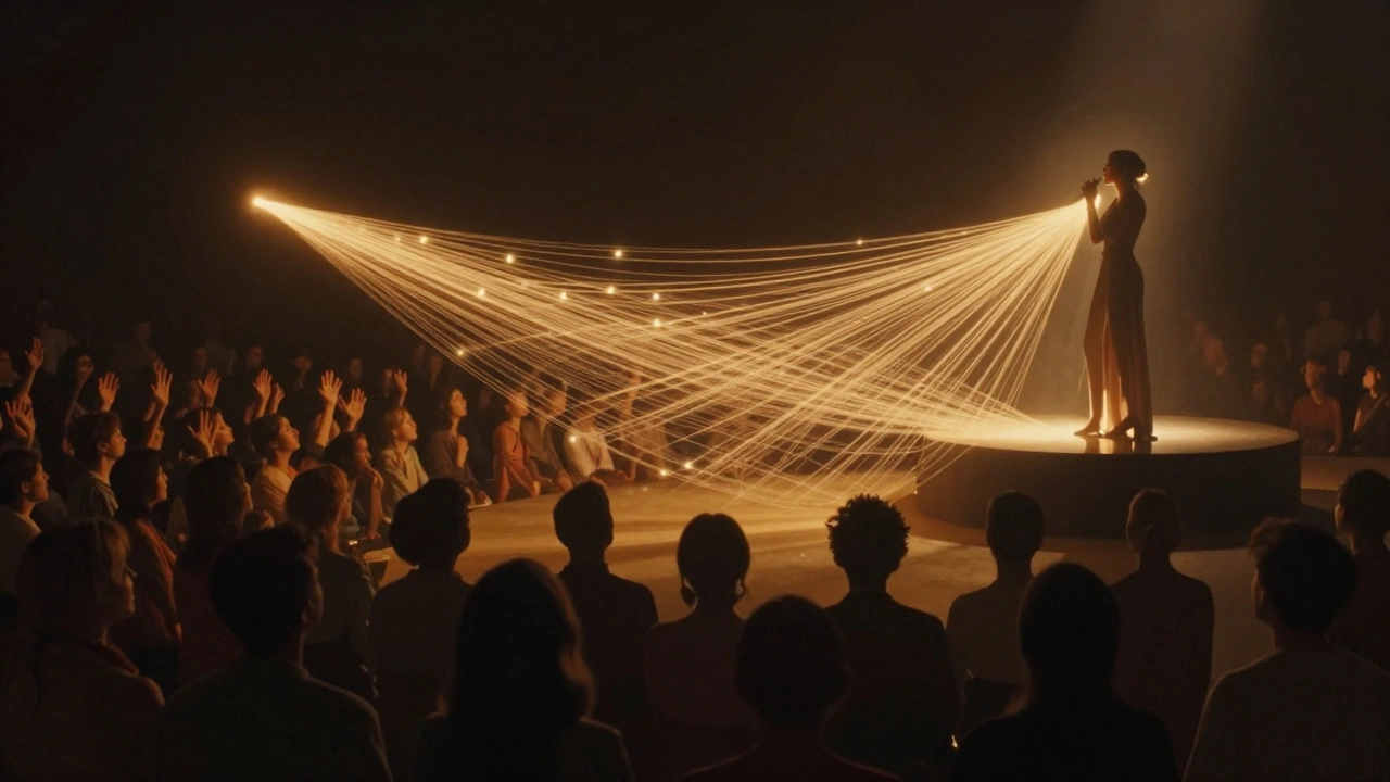 Artist connected to audience by glowing threads of light