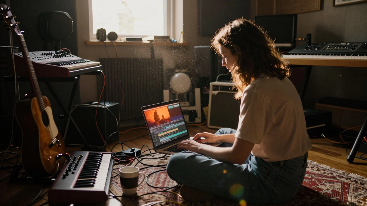 Artist editing videos in cozy home studio