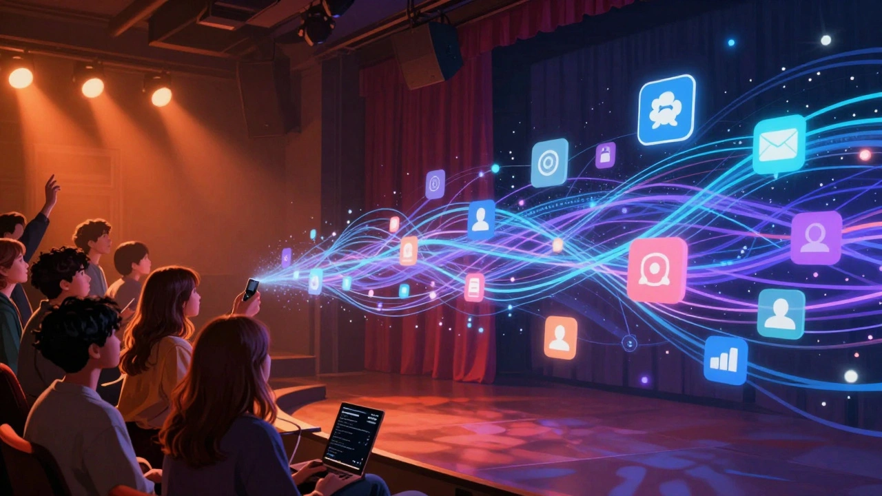 Artistic blend of live concert stage and digital social media connections.