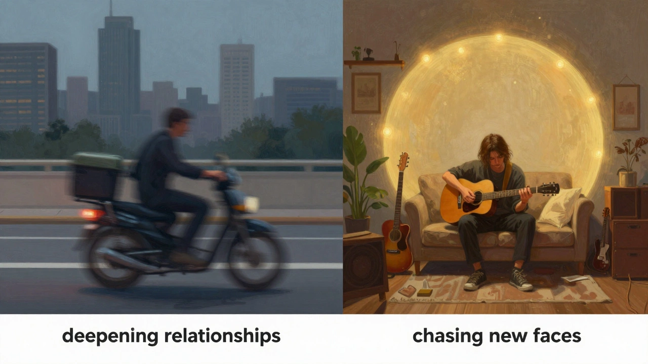 Artistic contrast between chaotic touring travel and stable residency performance.