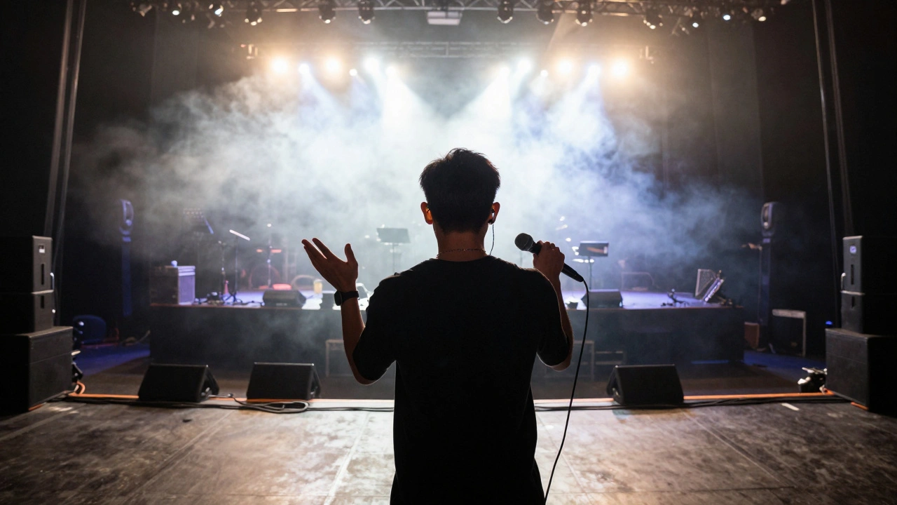 Backup singer adjusting in-ear monitors during stage soundcheck