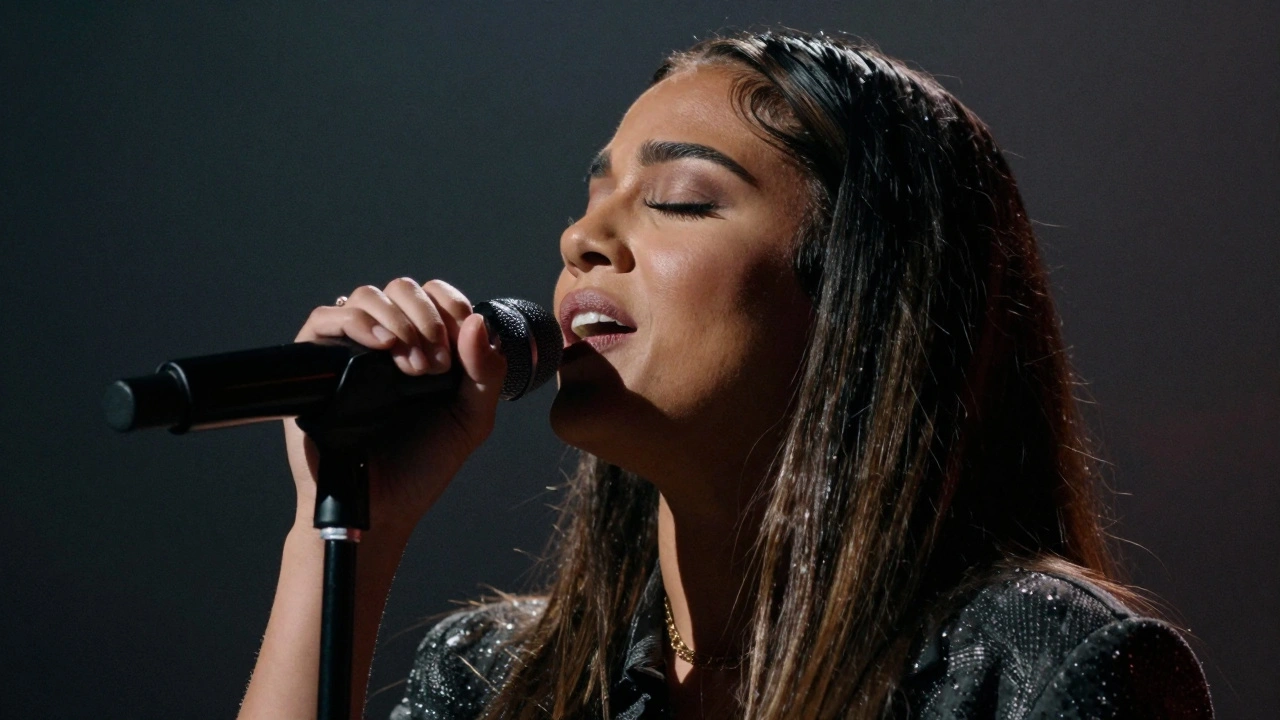 Close-up of singer Alli Starr emoting during a passionate performance.