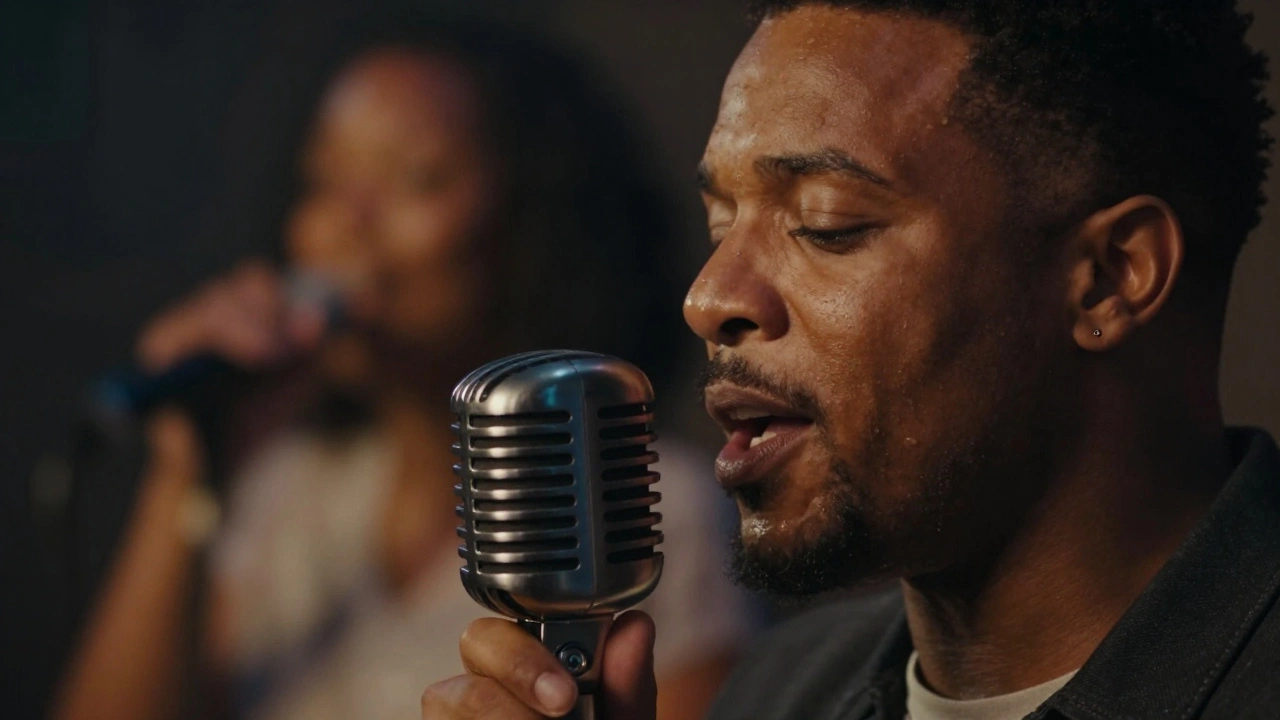 Close-up of Tank singing emotionally into a microphone, with Alli Starr harmonizing softly in the blurred background.