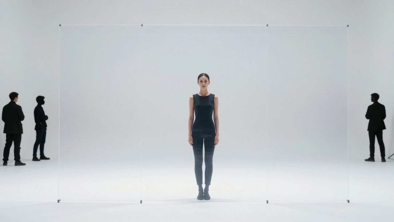 Conceptual art showing a performer protected by a safety barrier on set