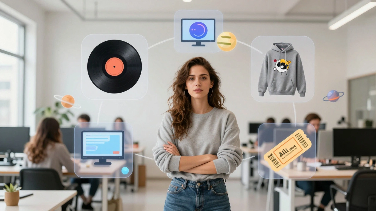 Conceptual photo of Alli Starr surrounded by icons of diverse income streams like merch and sync licensing.