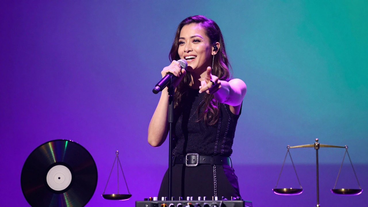Confident female producer on stage with symbols of ownership and fairness.