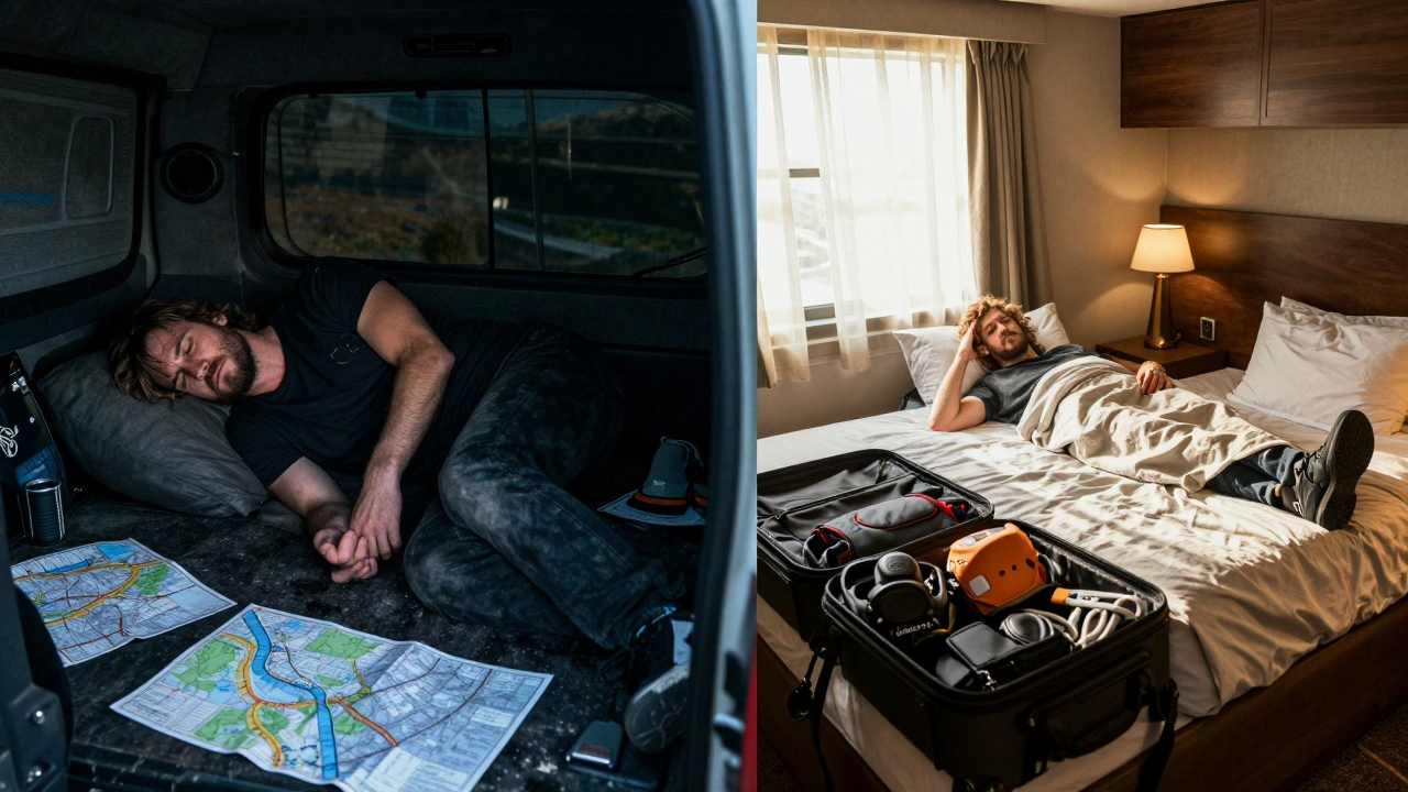 Contrast between stressful van life and restful hotel stay for artists