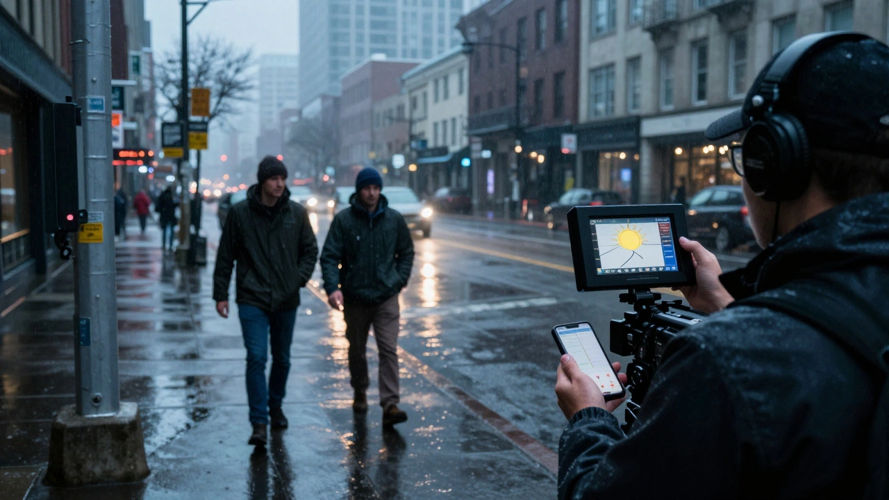 Crew scouting a rainy city street location for technical logistics
