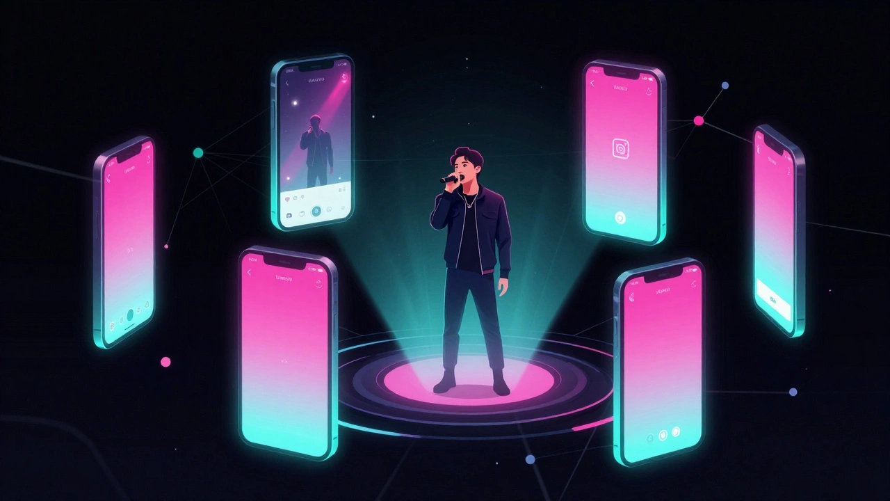 Digital art showing a singer surrounded by glowing smartphones representing viral social media reach