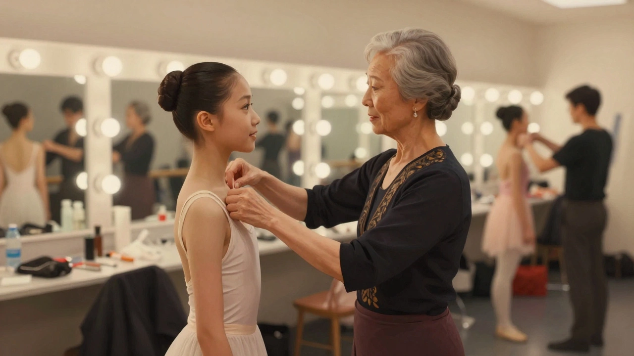 Experienced dancer mentoring a young performer backstage