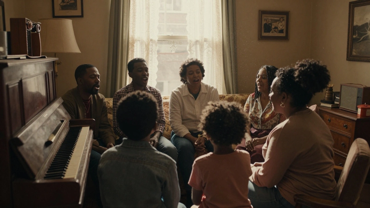 Family singing together in a warm, modest living room setting
