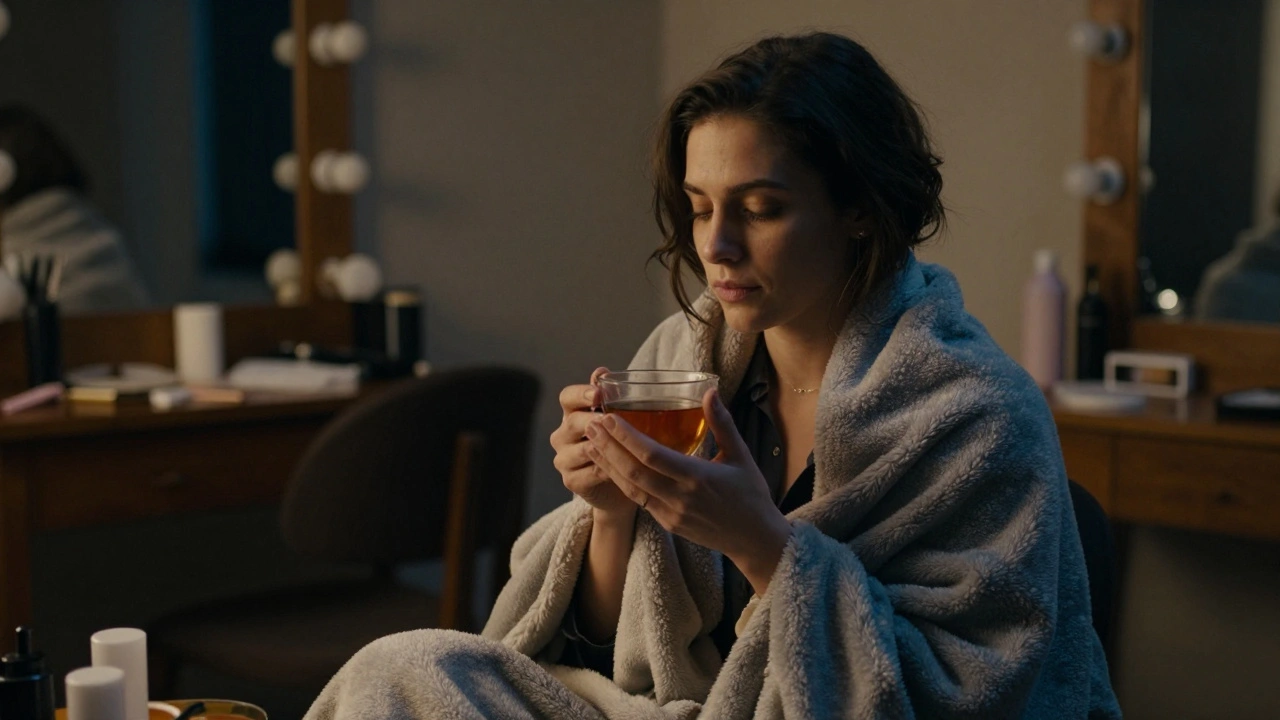 Female performer relaxing in a dressing room for aftercare and decompression